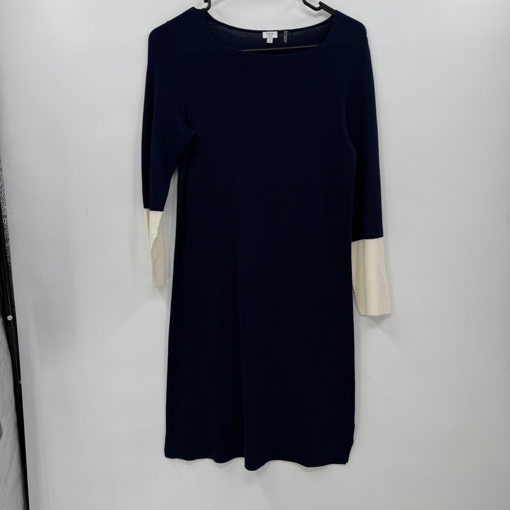 Bela Nye Navy Blue White Color Block 3/4 Sleeve Knit Midi Dress 1 Pima Cotton